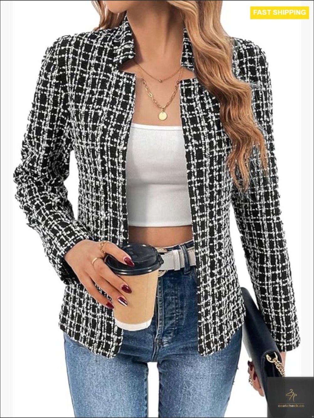 Open Front Tweed Blazer Slim Fit Classic Notch Collar Work Office Jacket